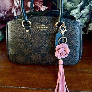 NEW Leather Camellia Rose & Tassel Keychain Pink Floral Bag Charm